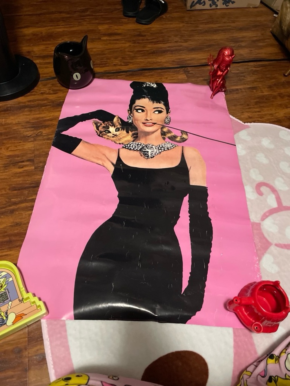 Pink Audrey Hepburn with cat Poster Used